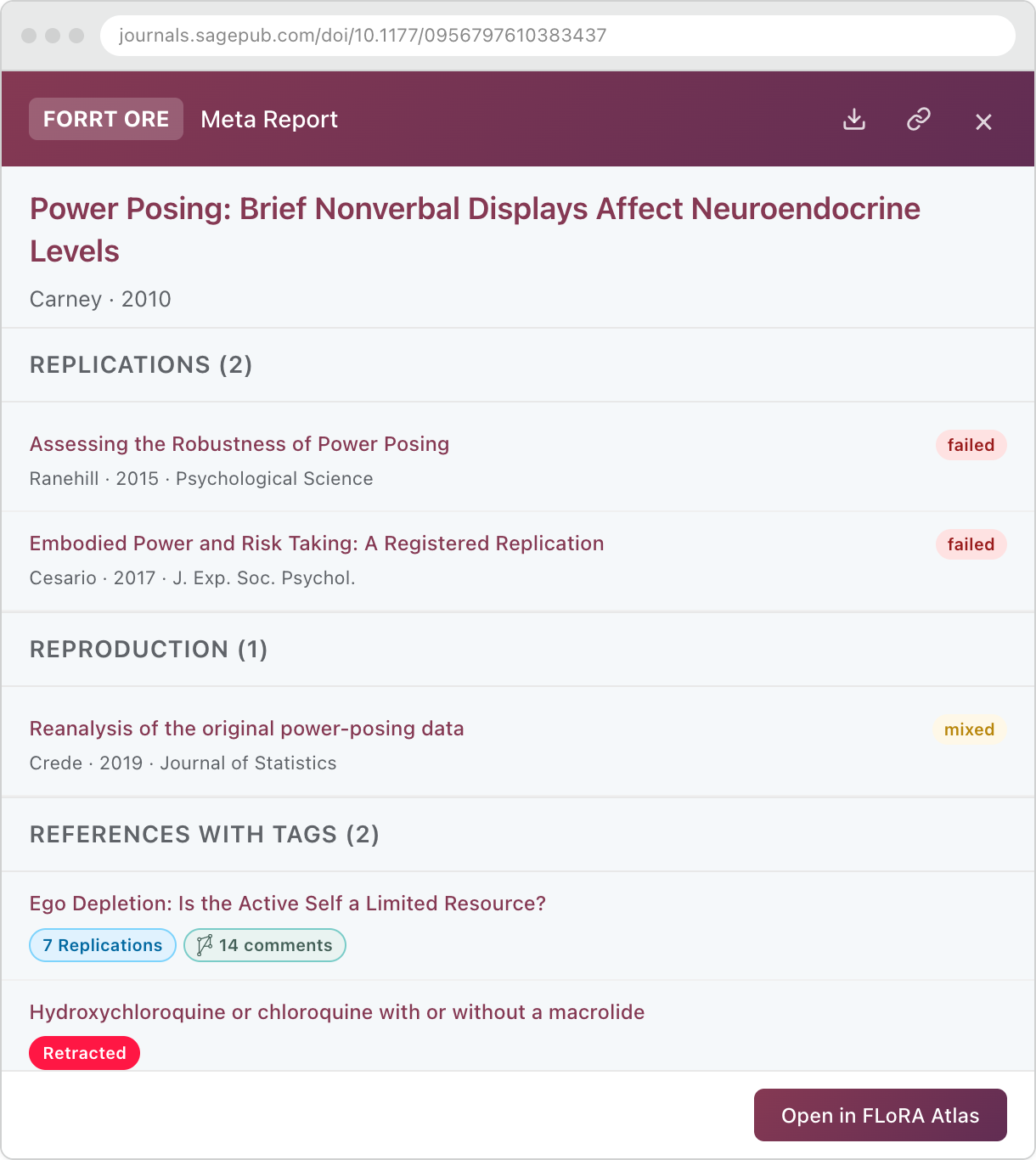 The ORE Meta Report side panel listing replications with outcome badges