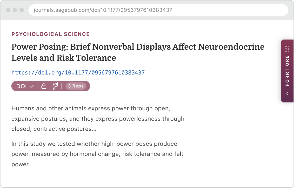 A journal article page with an ORE pill next to the DOI and the ORE tab at the edge of the page