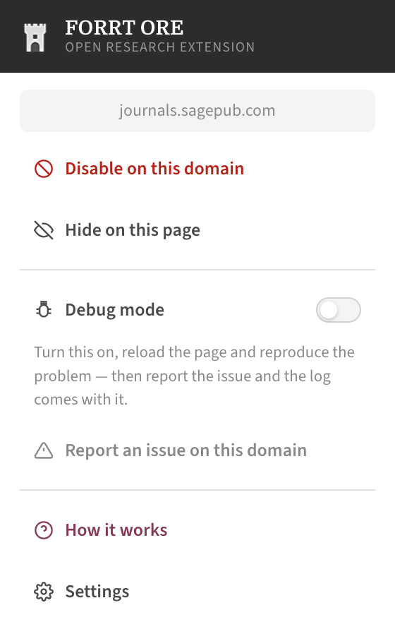 The ORE toolbar popup with options to disable on a domain, hide on the page, report an issue, or open settings