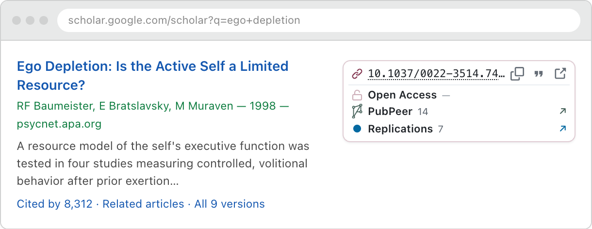 A Google Scholar result with an ORE panel showing a DOI matched by title