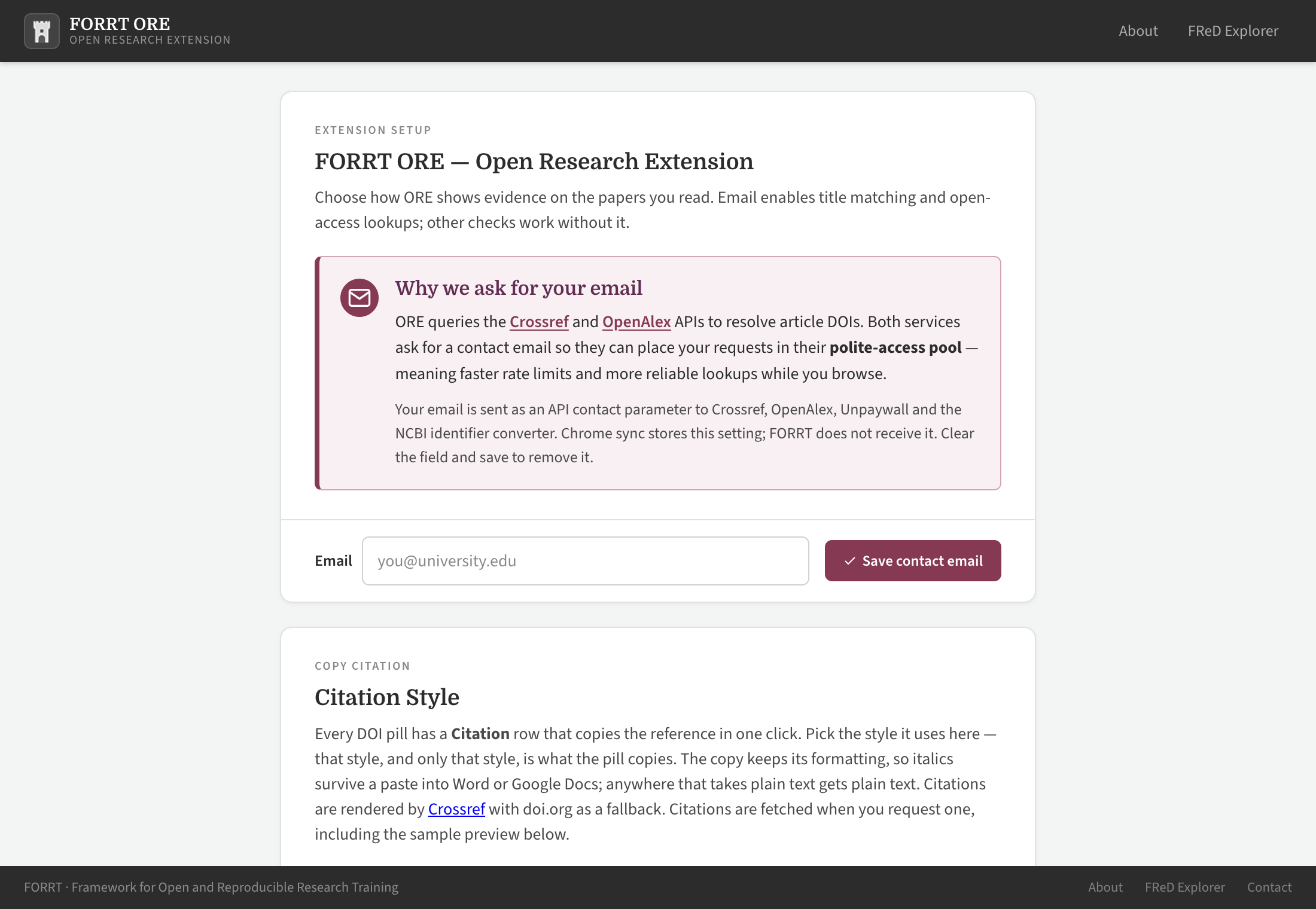 The settings page showing the email setup card and citation style options