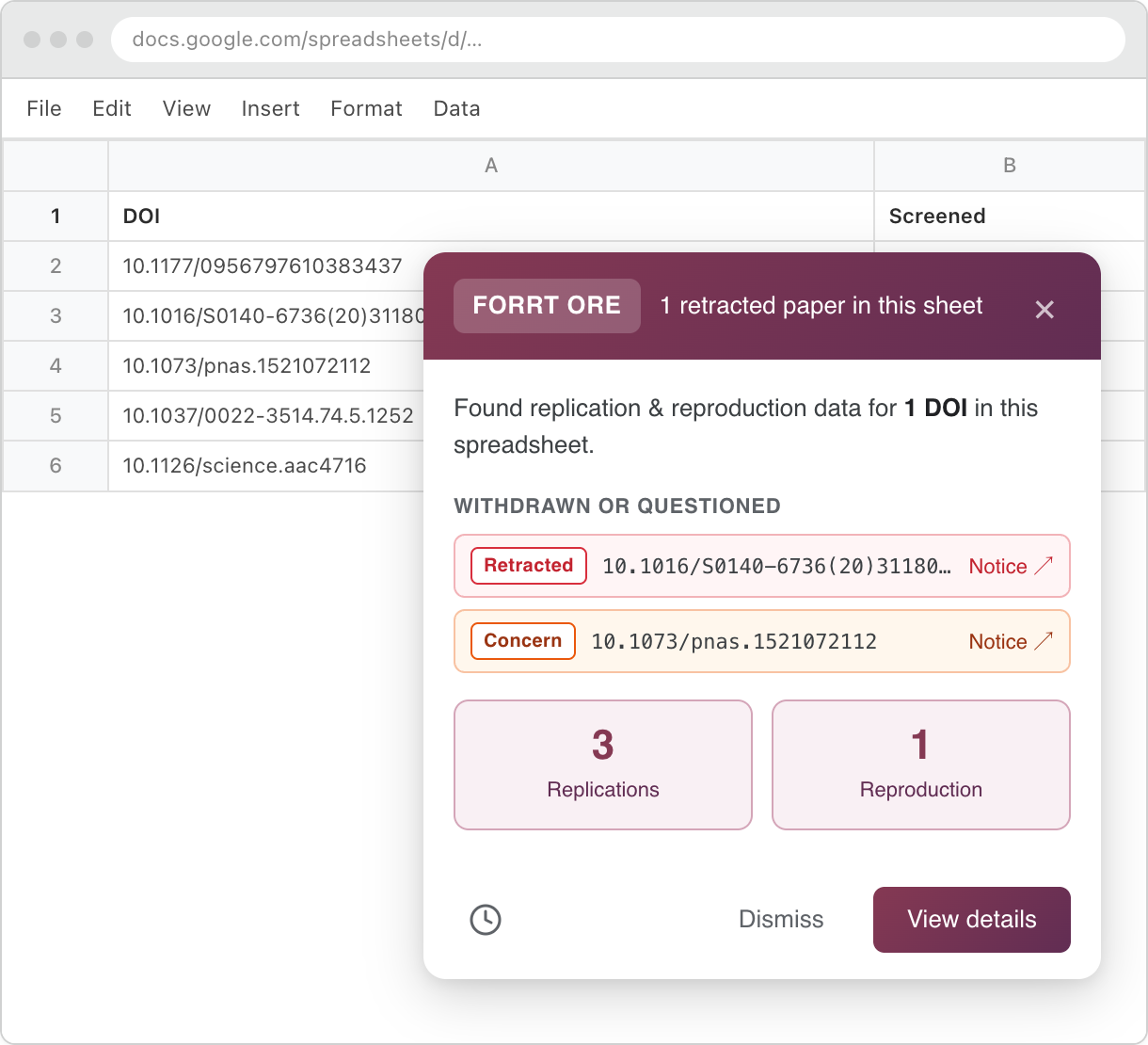 A Google Sheet of papers with an ORE card reporting replication data for three DOIs