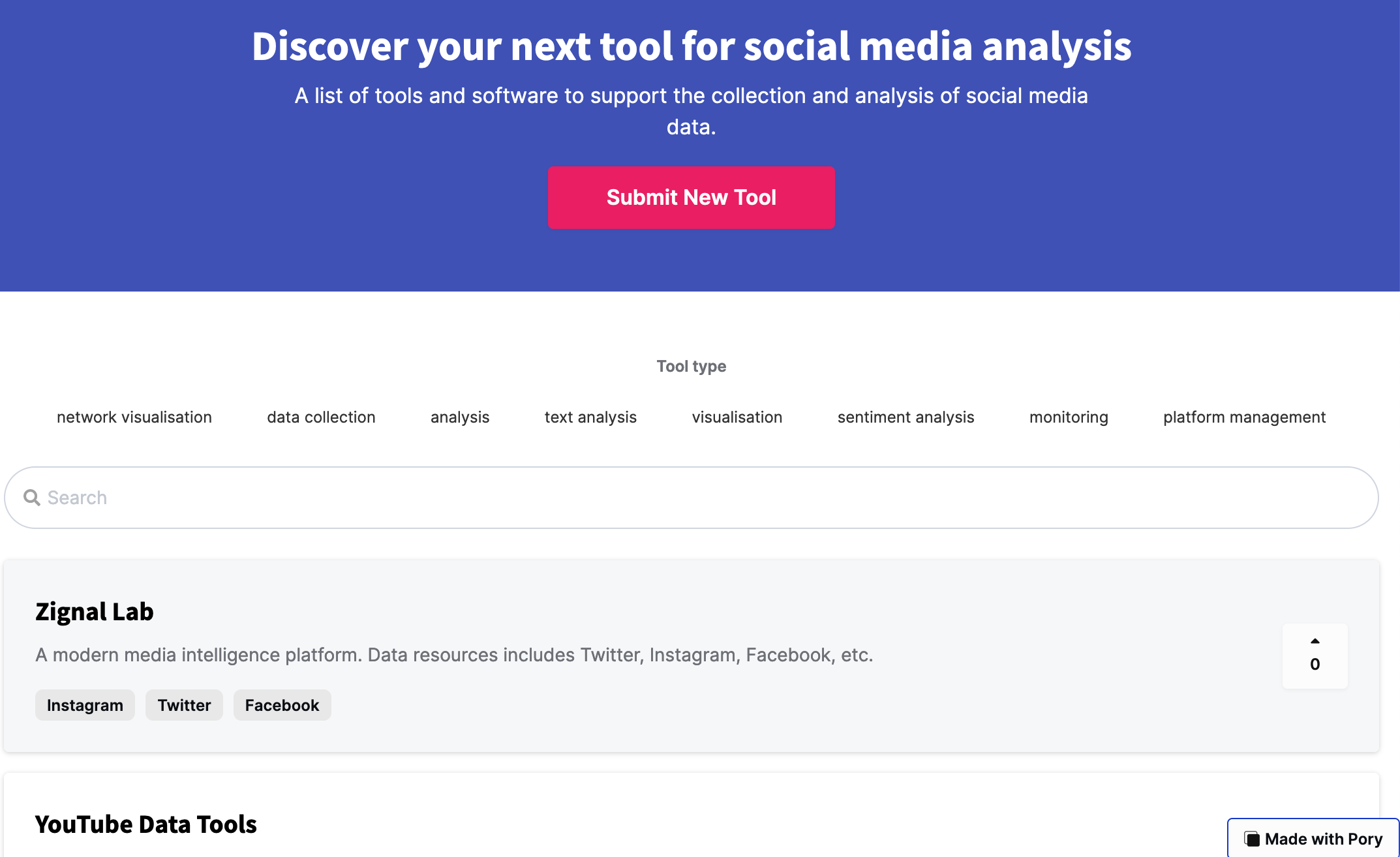 Fig. 4: Screenshot of the sub-list of social media tools rendered into a catalogue via the pory.io app. The user experience on this interface is friendlier than working with a table as in Fig. 2 & 3. A student can filter the list by the type of tool, which is immediately visible; for example they might be looking for tools to support their data collection. They can then use the search box to enter key terms and narrow down the list further, a process that is more familiar. The student can also browse the list of tools by opening the individual cards to find more information (see next figure).
