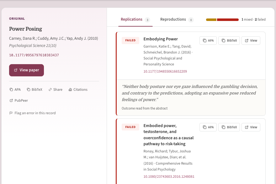 Replication Atlas showing three replications of a power-posing study